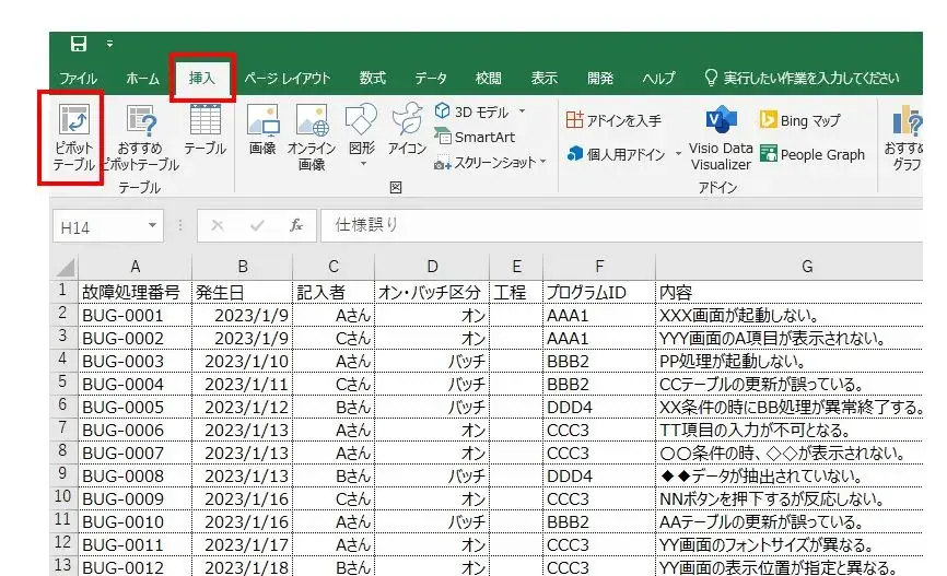 ピボットテーブルの作り方①